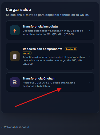 Pantalla Cargar saldo con la opción Transferencia Onchain señalada