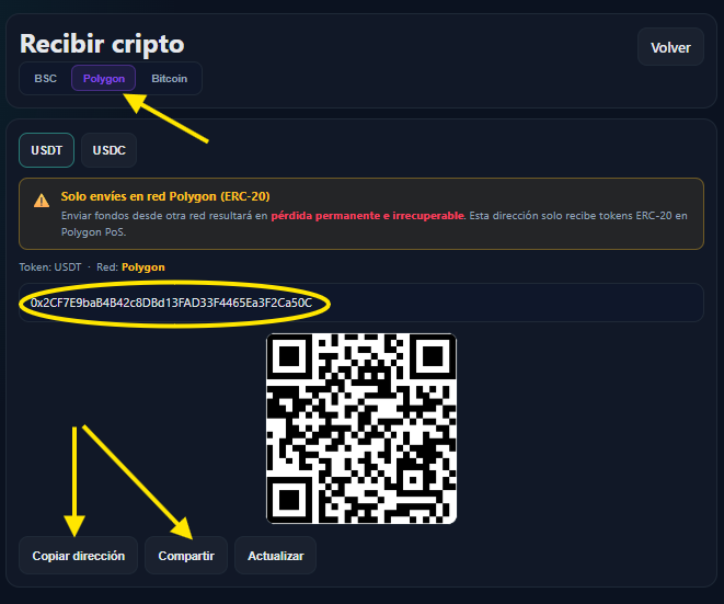 Pantalla Recibir cripto con la red Polygon seleccionada, la dirección y los botones Copiar y Compartir
